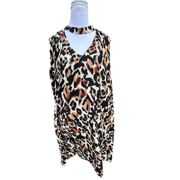 LUX II Leopard Large Loose Stretch Long Sleeve Key Hole Neck Knee Length Dress - Picture 1 of 7